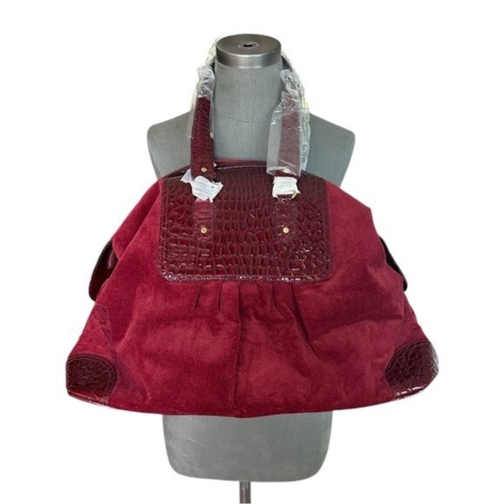 Burgundy Red Velvet Vegan Leather Trim Weekend Tote Shoulder Bag 22x15x8 NWOT - Picture 4 of 10